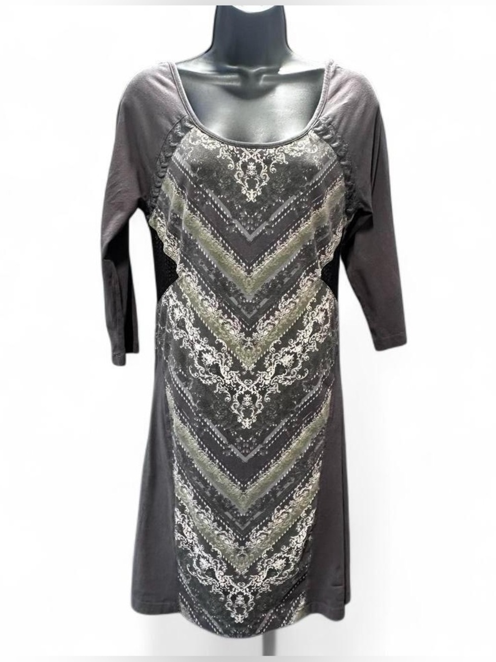 🎁5 FOR $50 SALE🎁 Free People Gray 3/4 Sleeve Graphic Tee Dress with Mesh & Lace